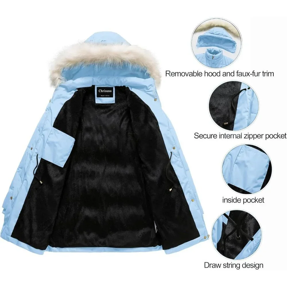 Women's Light Blue Winter Warm Long Drawstring Waterproof Snow Puffer Jacket